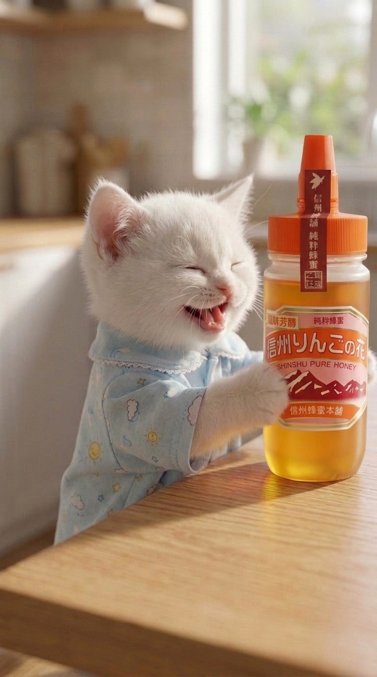 りんごの蜂蜜を抱える白猫のだいふく